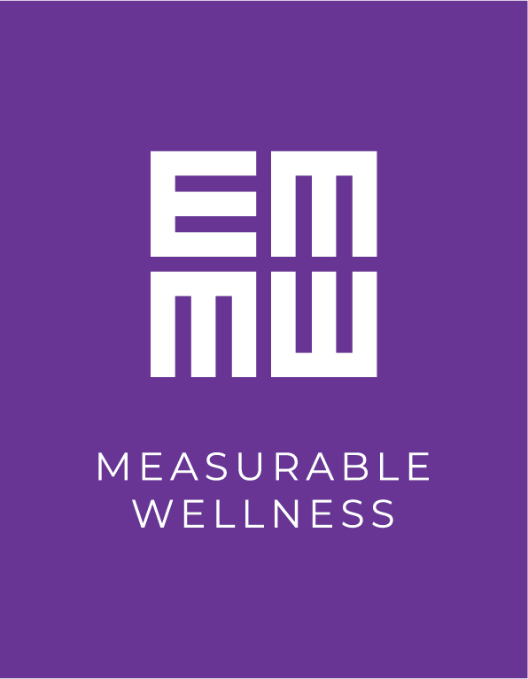 purple rectangle with Measurable Wellness logo (a square composed of the letters E M M W) and the words Measurable Wellness in all capitols