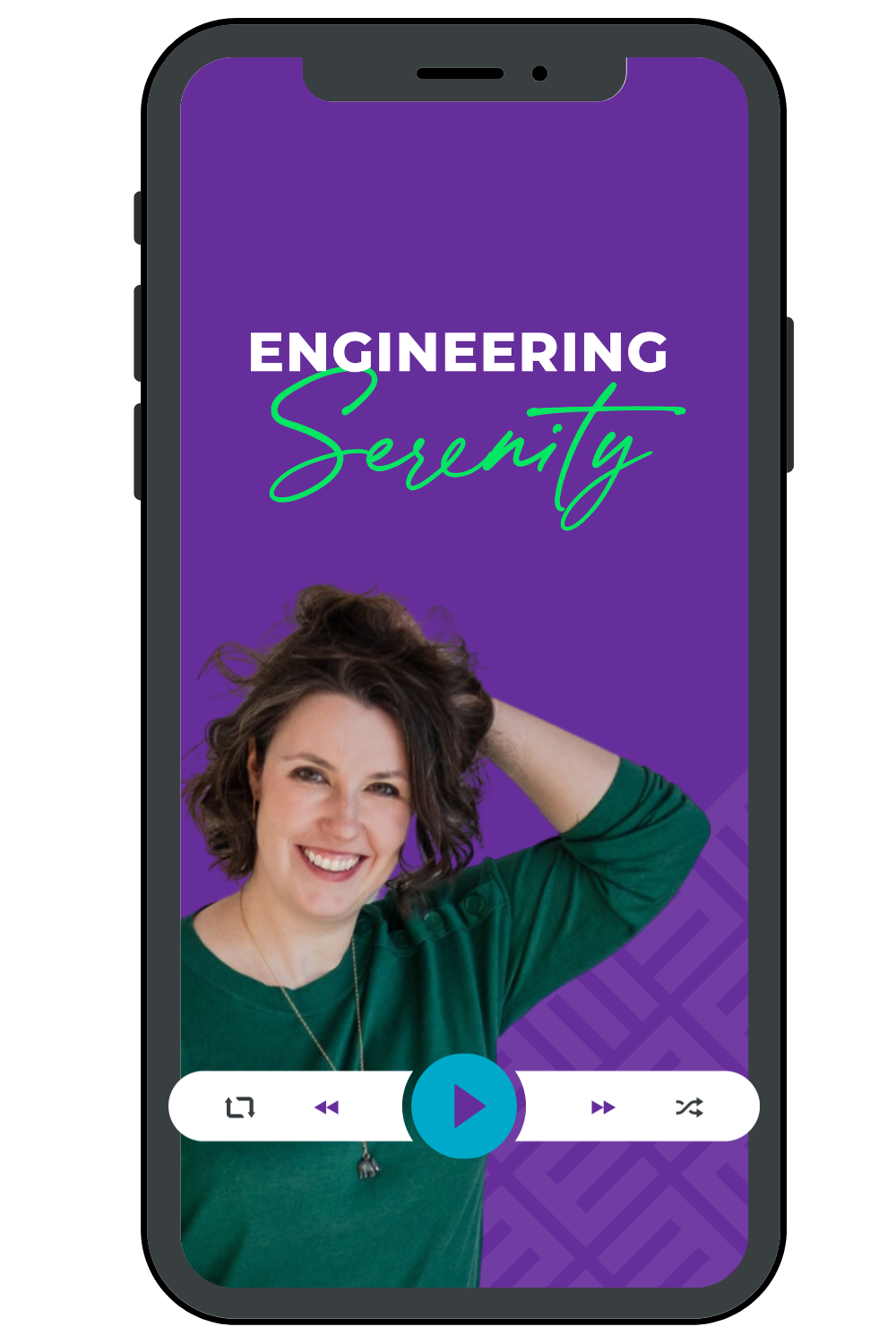 Smart phone on the screen is an image of podcast cover for Work Life Geek.  Image is a blue to purple gradient background, white text that reads Work Life Geek with Evelyn Pacitti & friends, and a picture of Evelyn laughing and looking up wearing a yellow shirt.  At the bottom is the phone is a play button.  